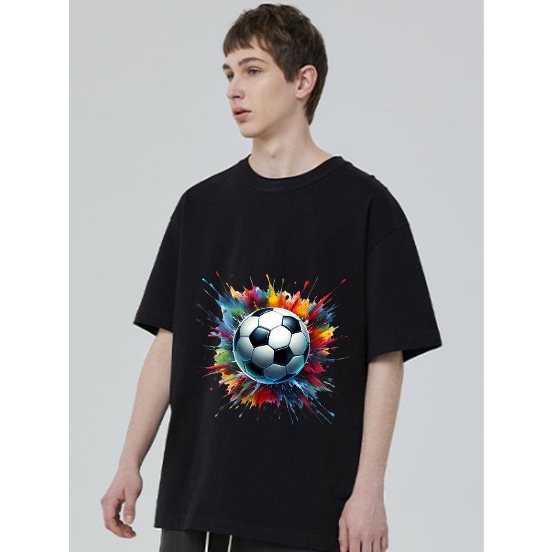 Black T Shirt with Soccer Ball and Colorful Splash Print for Sports and Casual Wear