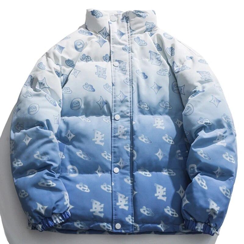

Funny Print Men Winter Jacket Gradient Bubble Coat Couple Side Seam Pocket Padded Windproof Warm Parkas Hip Hop Loose Streetwear