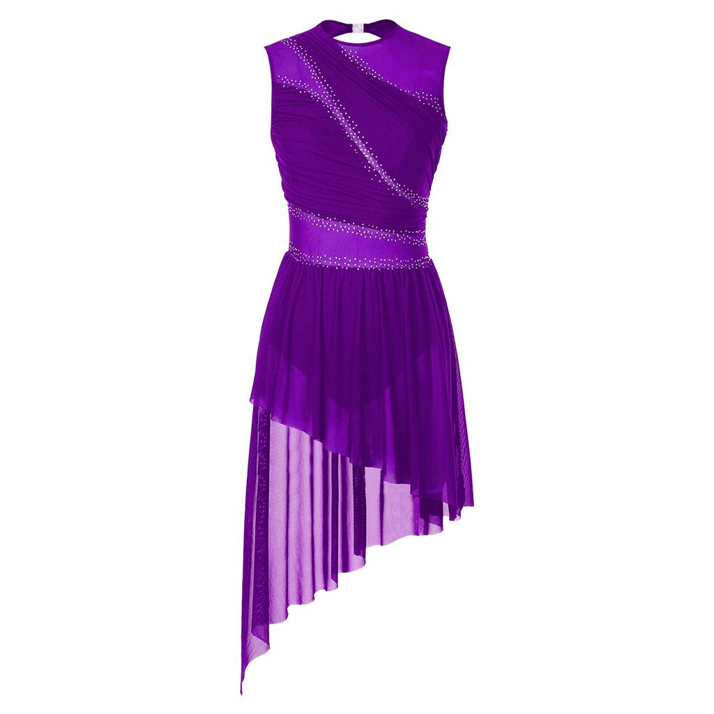 Womens Shiny Rhinestone Sheer Mesh Dress Open Back Asymmetrical Hem Sleeveless Dress Figure Skating Dance Performance