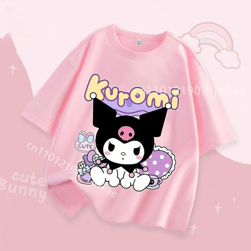 Kuromi Girl T Shirt Purple Cartoon Print Kids Tops Short Sleeve Tees Summer Breathable Cute Baby Casual Clothes Birthday Gifts