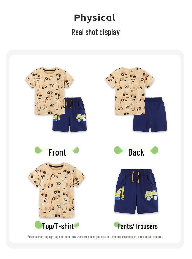 Cartoon Car Print Toddler T-shirt & Shorts Set - European Style, Knit Cotton, Two-Piece