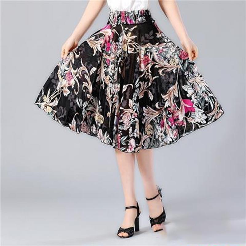 

Летние юбки средней длины с цветочным принтом, эластичная талия, женские свободные повседневные пляжные платья из ледяного шелка и шифона, женские платья Faldas One Size