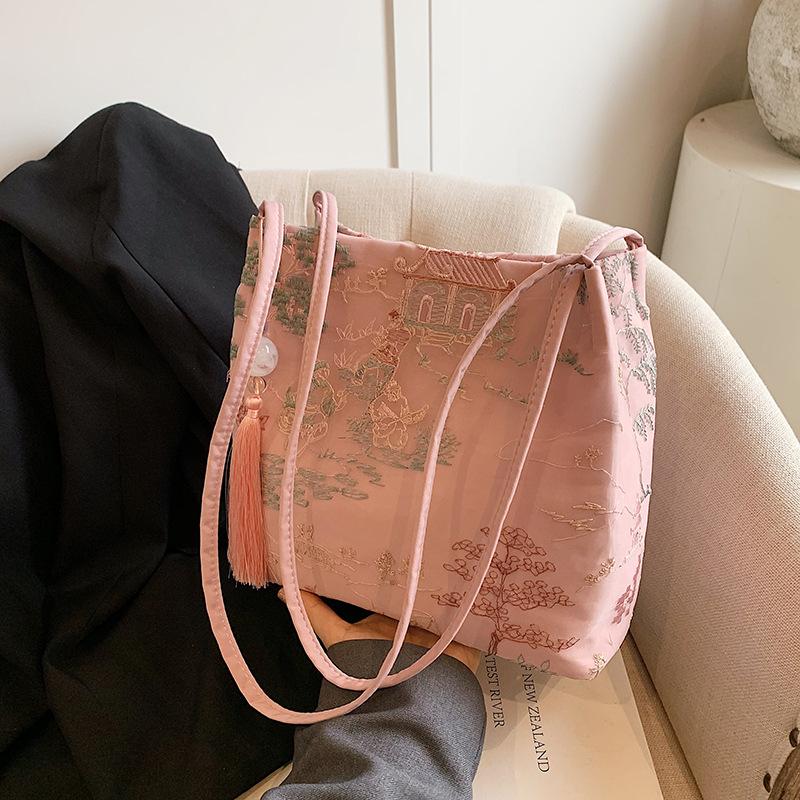 Borsa a tracolla ricamata di grande capacità Borsa estiva alla moda in tessuto da donna Borsa a tracolla con ricamo di nicchia Borsa a secchiello con texture Borse in tela