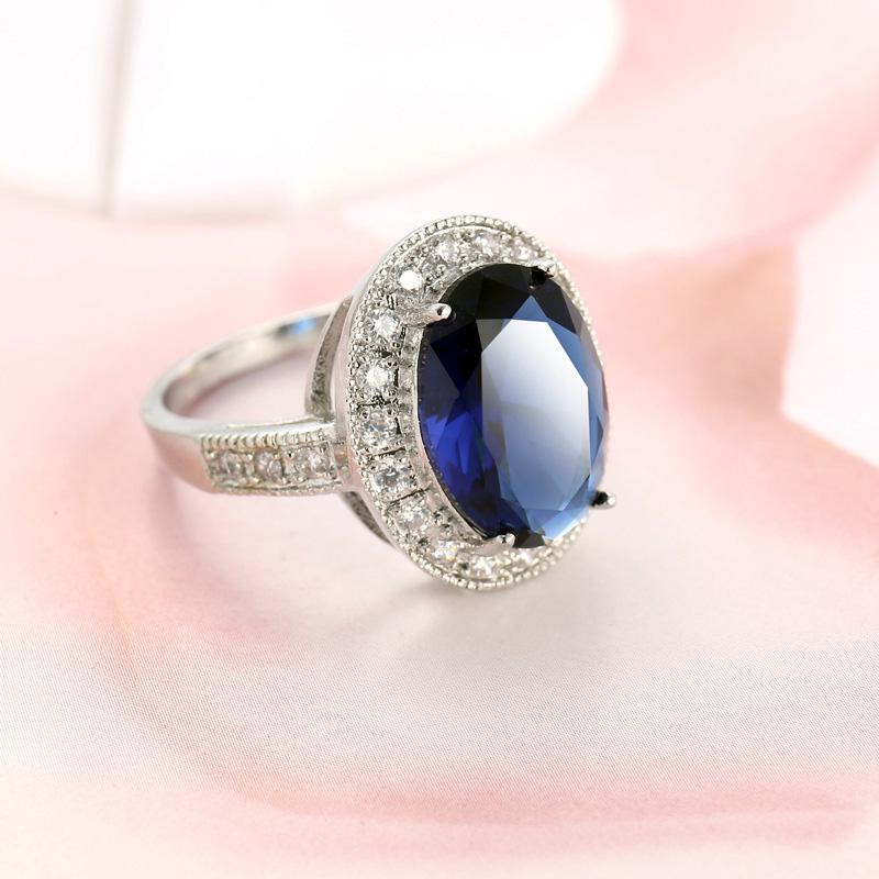 Trendy Real  Sterling Plata Luxury Blue Zircon Stone Crysatl Love Lady Ring Women's Valentine's Day Gifts for Bague Femme