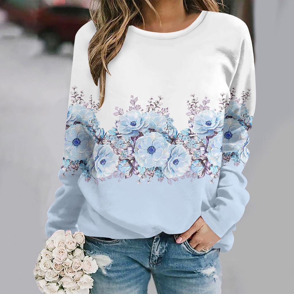 Sonbahar ve kış yeni moda yuvarlak yakalı uzun kollu baskılı zarif gündelik bol kapüşonlu sweatshirt