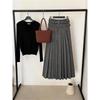Korean Temperament Gray Winter A-line Pleated Long Skirt