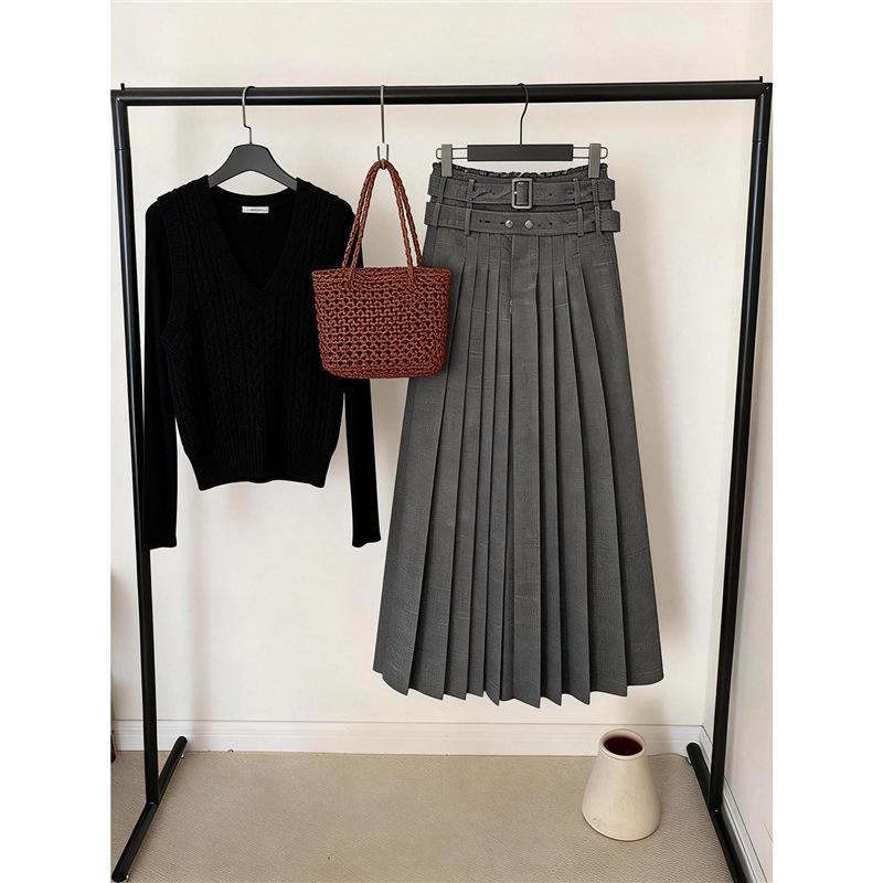 Korean Temperament Gray Winter A-line Pleated Long Skirt