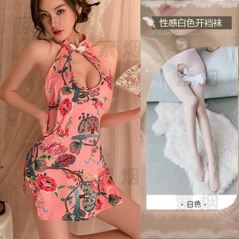 Sex underwear retro cheongsam large size sexy set floral deep V dew cheongsam passion set