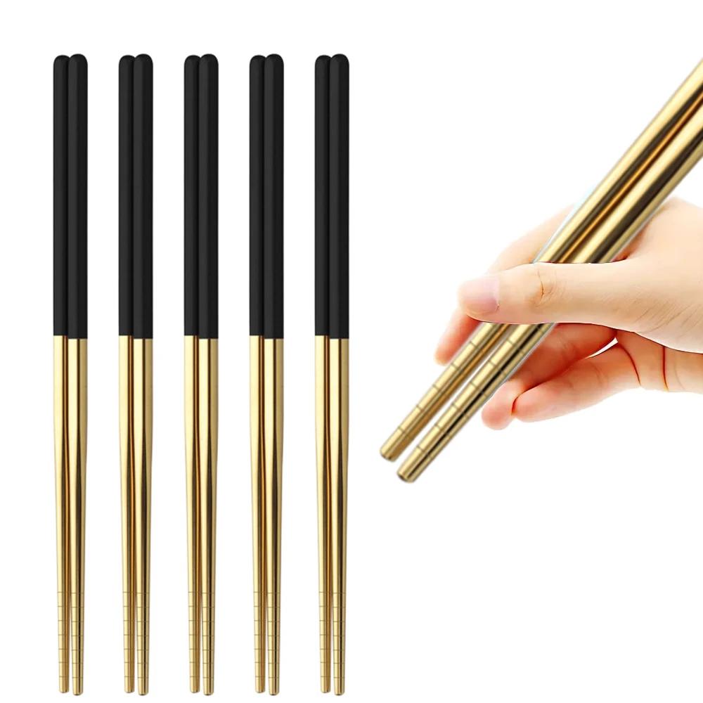 5Pairs Metal Stick Chopsticks Stainless Steel White Gold Non-slip Sushi Korean Japanese Chopstick Reusable Kitchen Tableware
