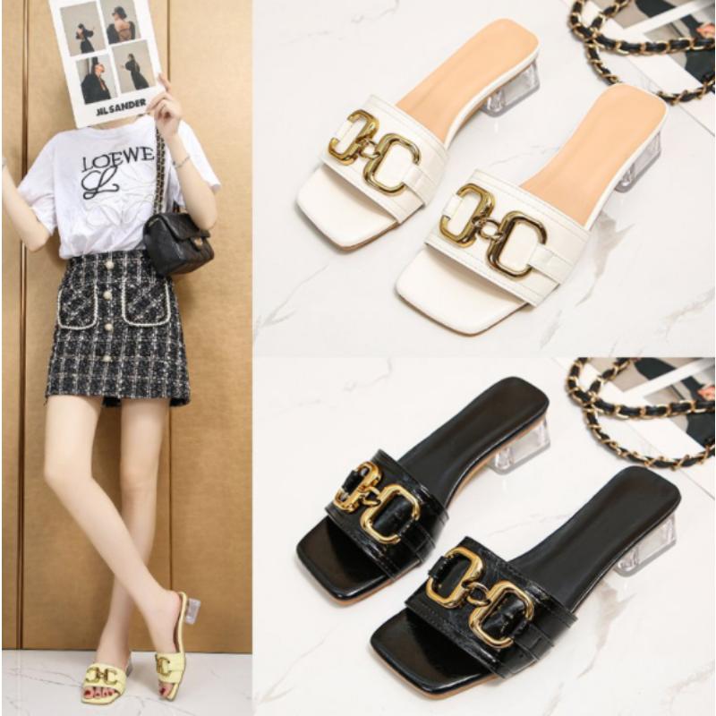 2024 Metal Buckle 3.5cm Transparent Square Heels Slides Women Peep Toe Mules Cool Summer Slippers Sandals Elegant Shoes