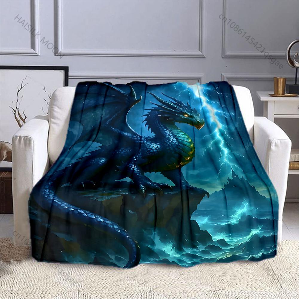 Multiple Sizes Blue Dragon Faces Lightning Print Blanket Flannel Material Soft Warm for All Seasons Home Outdoor Camping Picnics