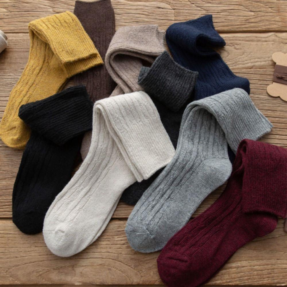 Retro Trendy Solid Color Stripe Middle Tube Hosiery Cotton Women Wool Socks Korean Style Socks