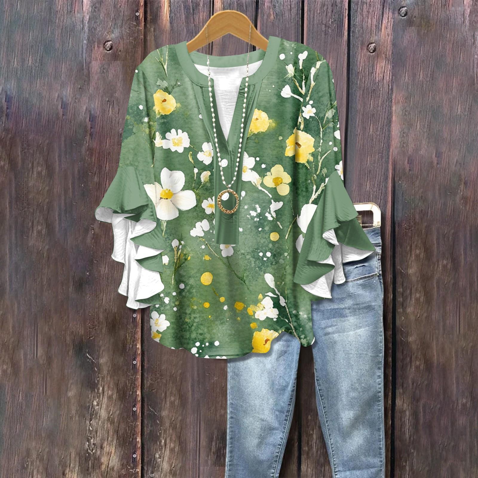 

Summer Tops For Women Cute V Neck 3/4 Sleeve Blouses Floral Print Top Casual Shirts L
