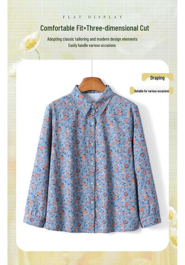 Mom's Spring Floral Long Sleeve Cotton Shirt for Middle-Aged & Elderly Women