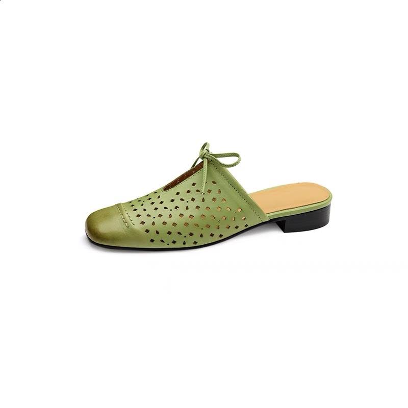 Fashion Female Shoes Fretwork Heels Womens Slippers Outdoor Med Cover Toe Slides 2025 Summer Genuine Leather Rome Rubber Fabric PU Hoof