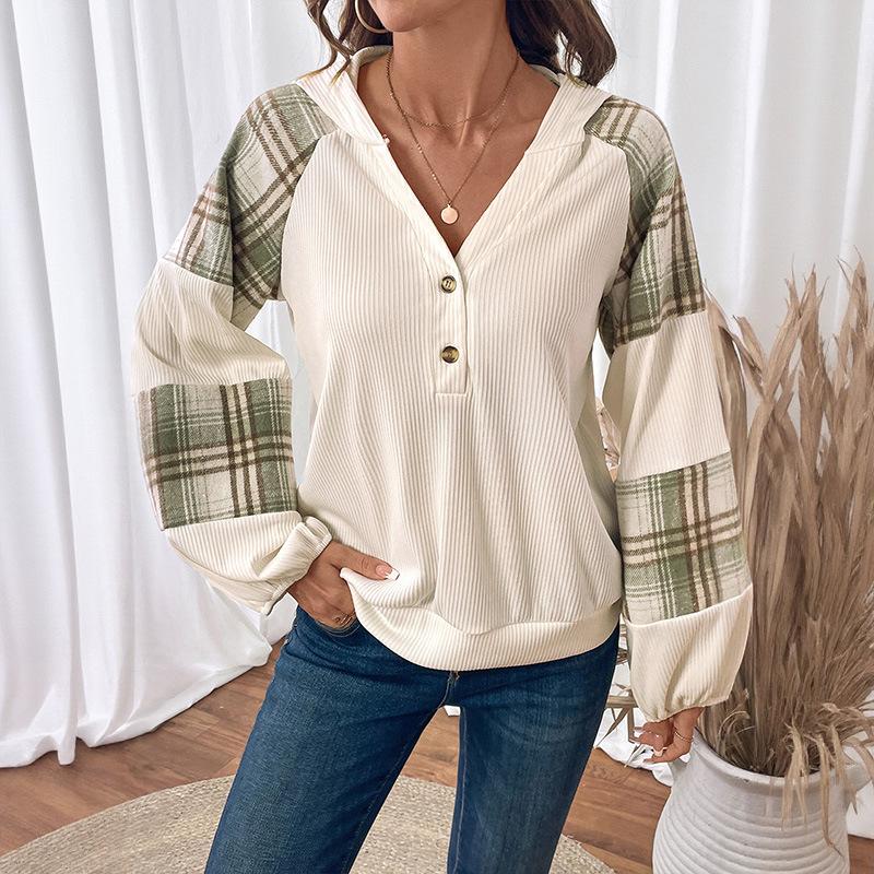 

Loose Casual Tops 2025 New Autumn Plaid Stitching Round Neck Pullover Sweatshirt for Women S бежевий