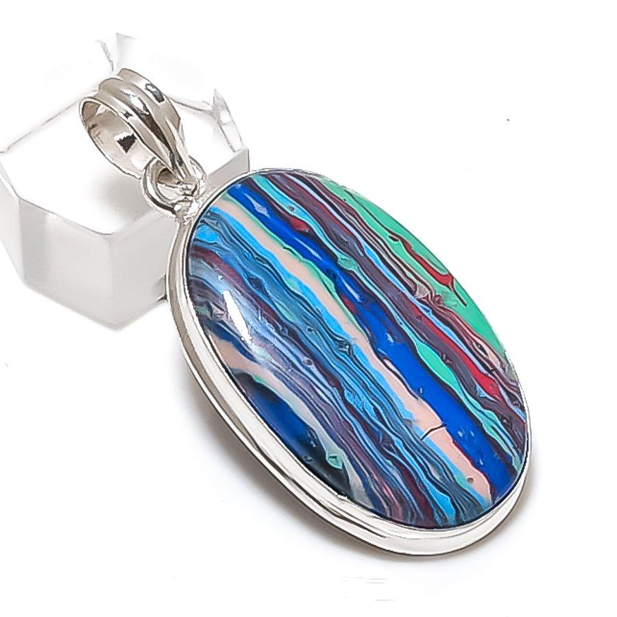 Rainbow Calsilica Gemstone 925 Sterling Silver Jewelry Pendant 1.97"