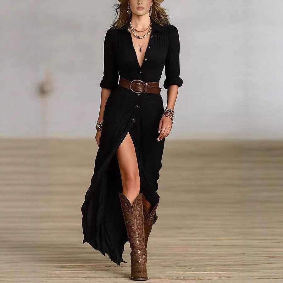 Sexy Irregular Pleated Belted Dress - Women's Solid Color Spring/Autumn Collection