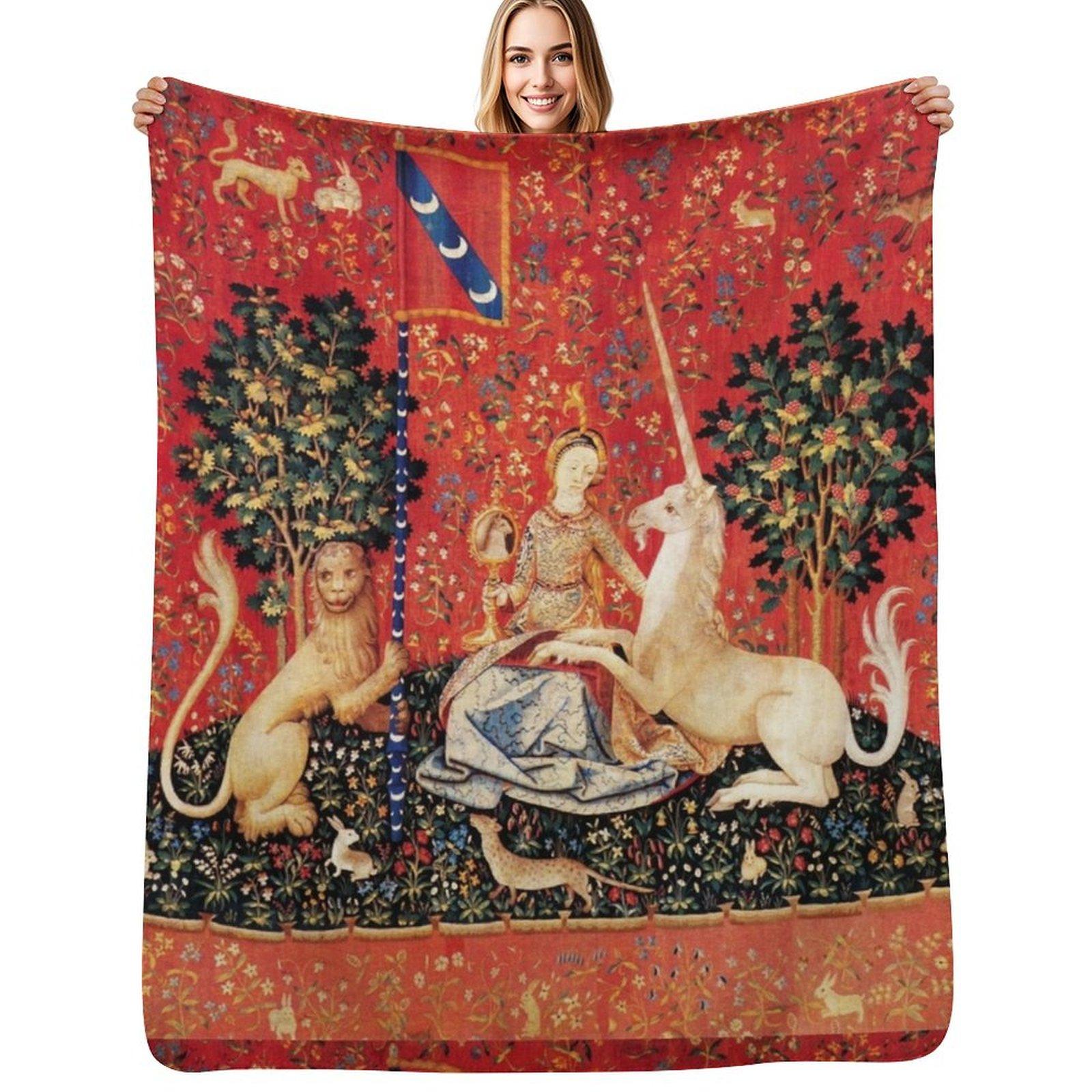 

LADY AND UNICORN SIGHTRed Green Fantasy FlowersAnimals Throw Blanket Soft Cozy Blanket for Pet Kids Adults 75x100cm