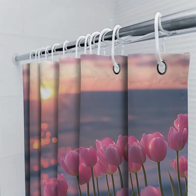 Elegant Sunset Tulip Shower Curtain for Bathroom Decor - Vibrant Pink Flowers and Serene Waterproof Polyester Fabric Easy-Clean