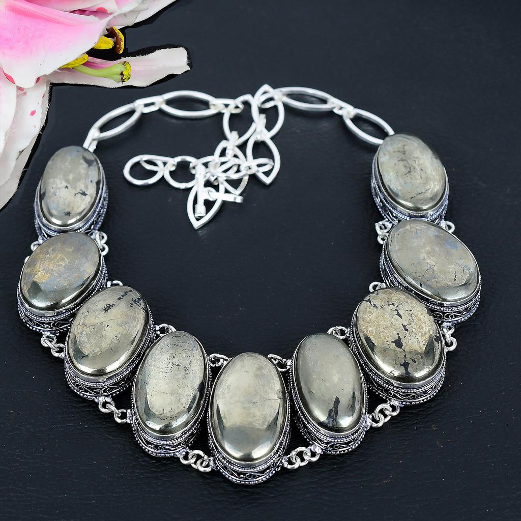 Pyrite Agate Gemstone Handmade 925 Sterling Silver Jewelry Necklace 18" KG-1650
