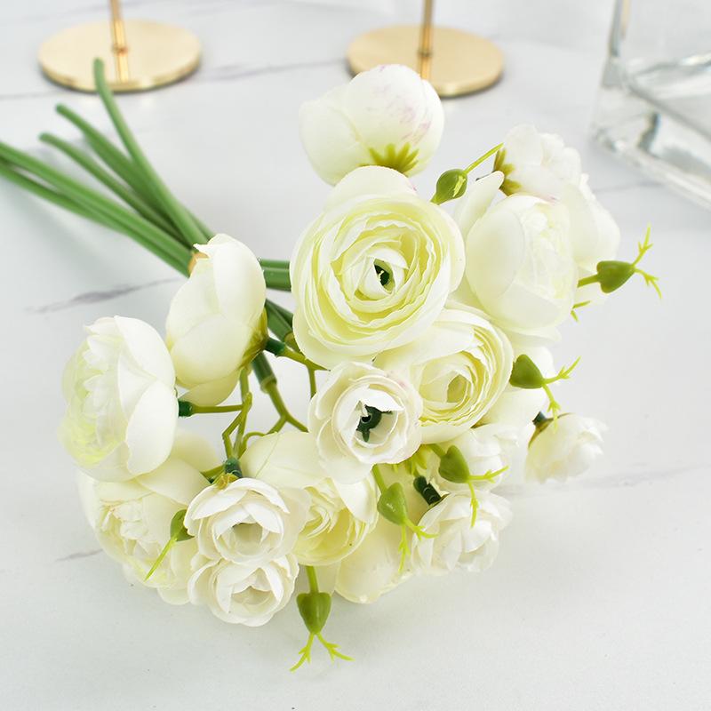 Small Tea Rose Lotus Bunch Fake Flower Simulation Artificial Camellia Hand Bouquet Decorative Ornament Wedding Photo Props