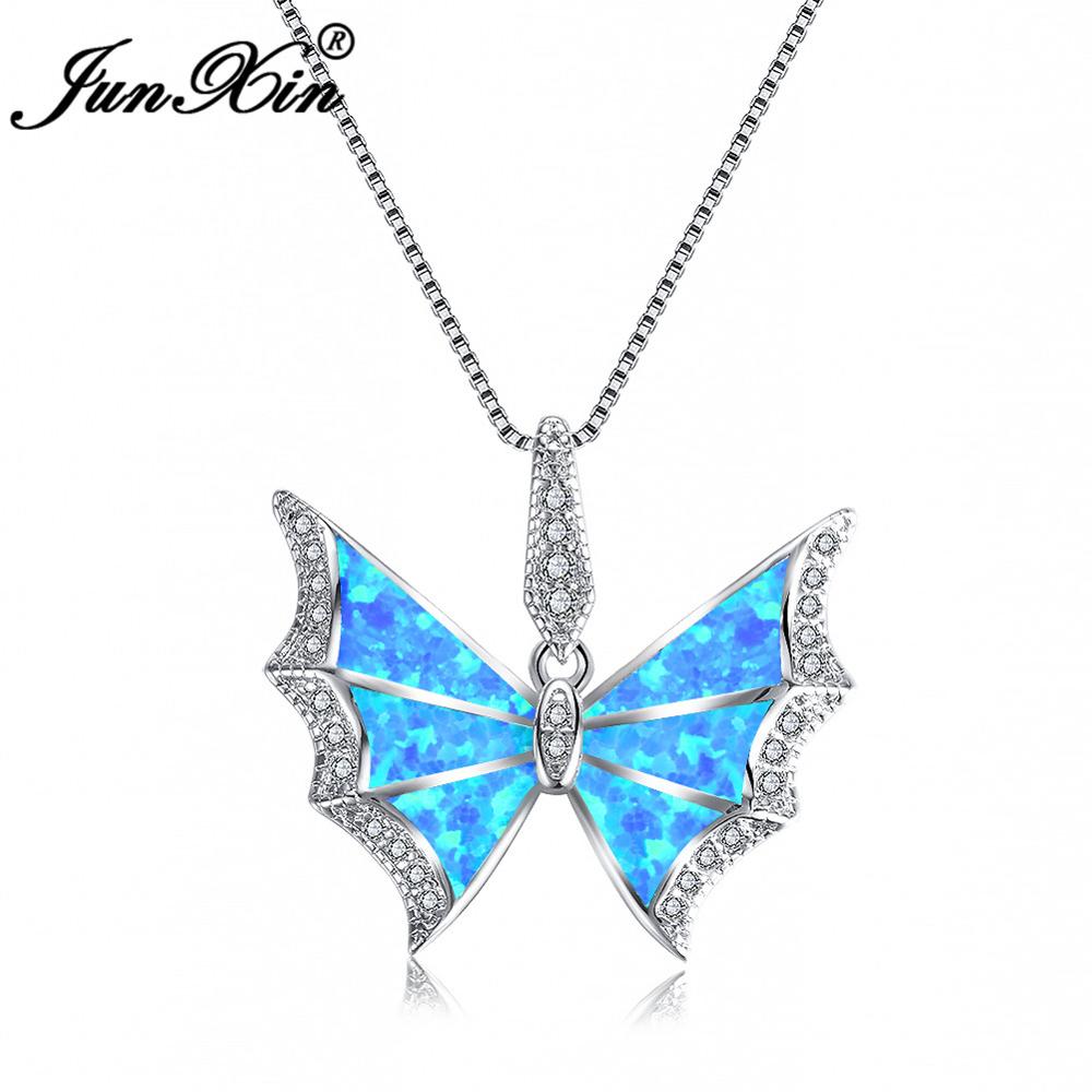 JUNXIN Lovely Butterfly Pendant Fashion Blue White Fire Opal Necklace For Women Silver Color Birthstone