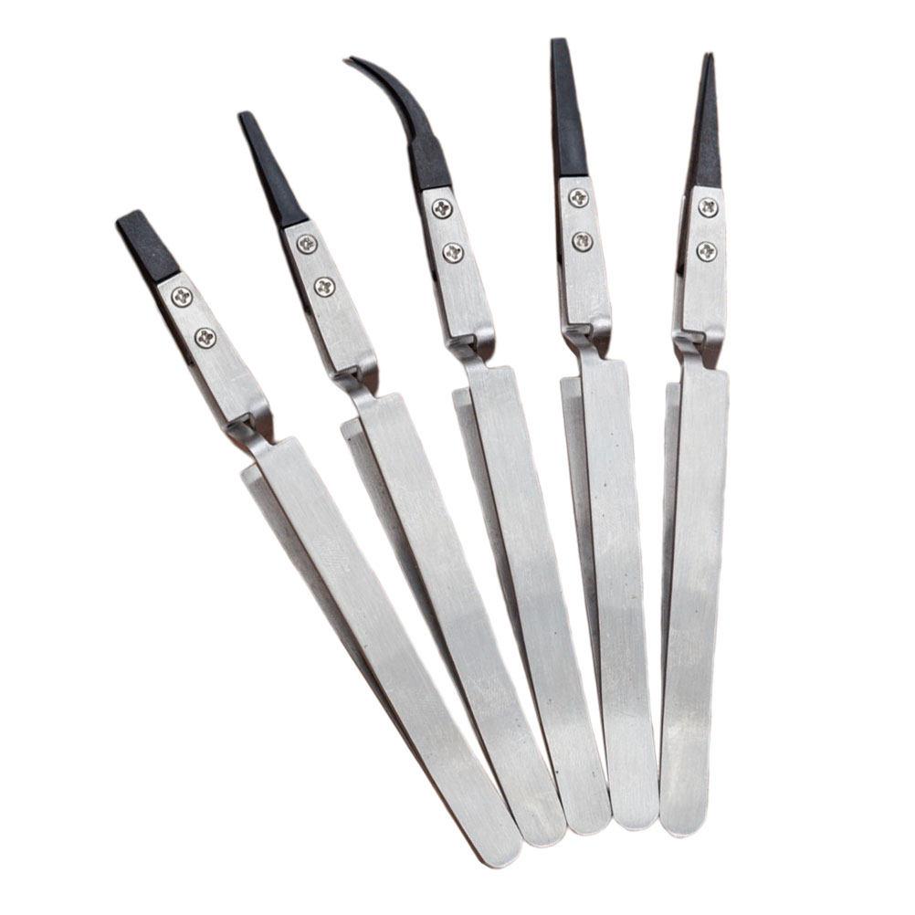 5Pcs Electronic Insulated Tweezers Plastic Head Stainless Steel Precise Heat Resistant Non-Conductive Tweezers for Precision