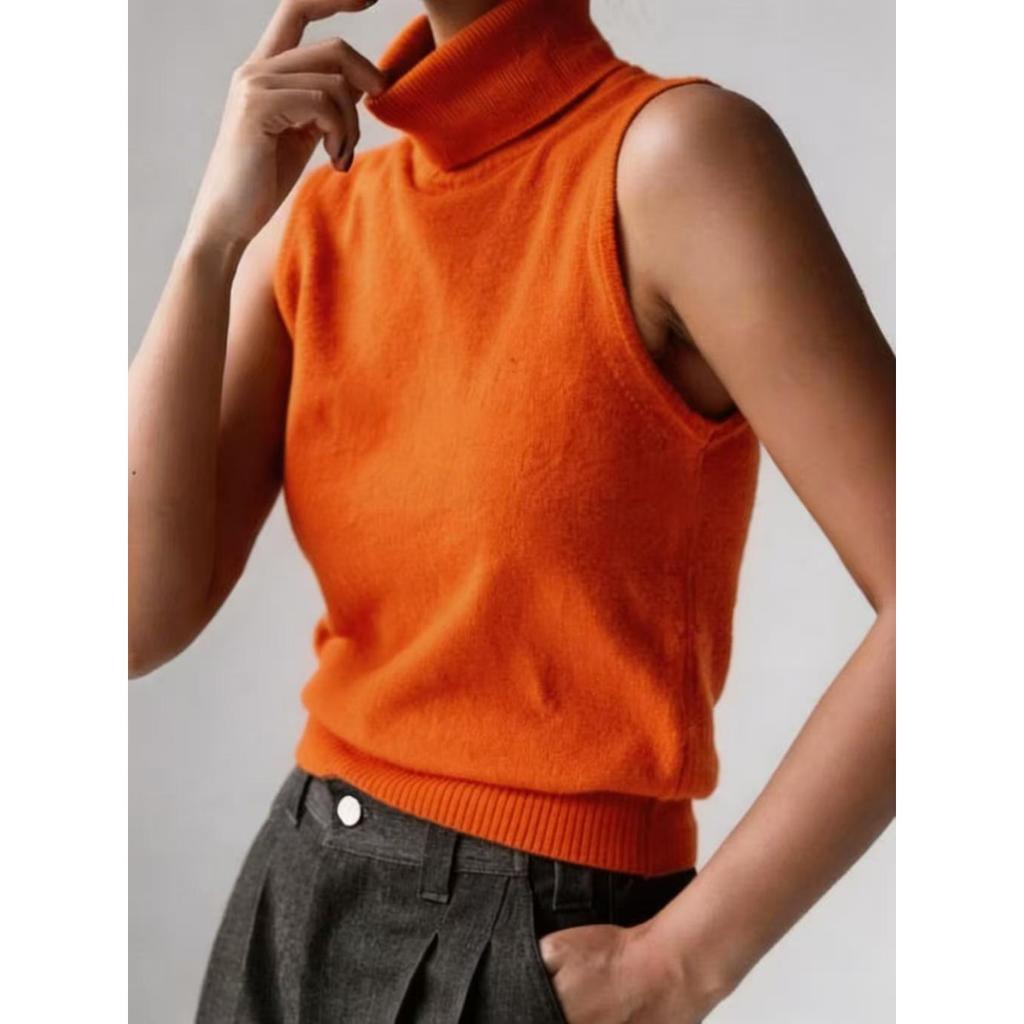 Fall New Women's Sleeveless Knit Tank Top, Simple High Neck Knit Vest Top for Women, European & American Style