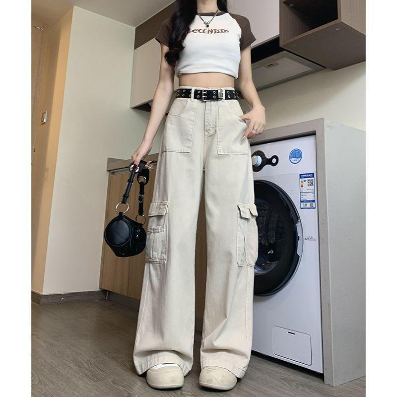Womens High Waist Beige Cargo Wide Leg Jeans Casual Loose Streetwear Denim Trousers Y2K Style