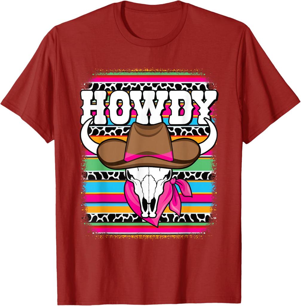 Howdy Cow Skull Western Rodeo Graphic Tee Breathable Short Sleeve Casual T-Shirt for Women