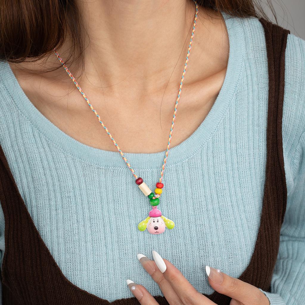Dopamine Color Apple Puppy Pendant Braided Rope Necklace Sweet Cute Niche Fashion Long Sweater Chain