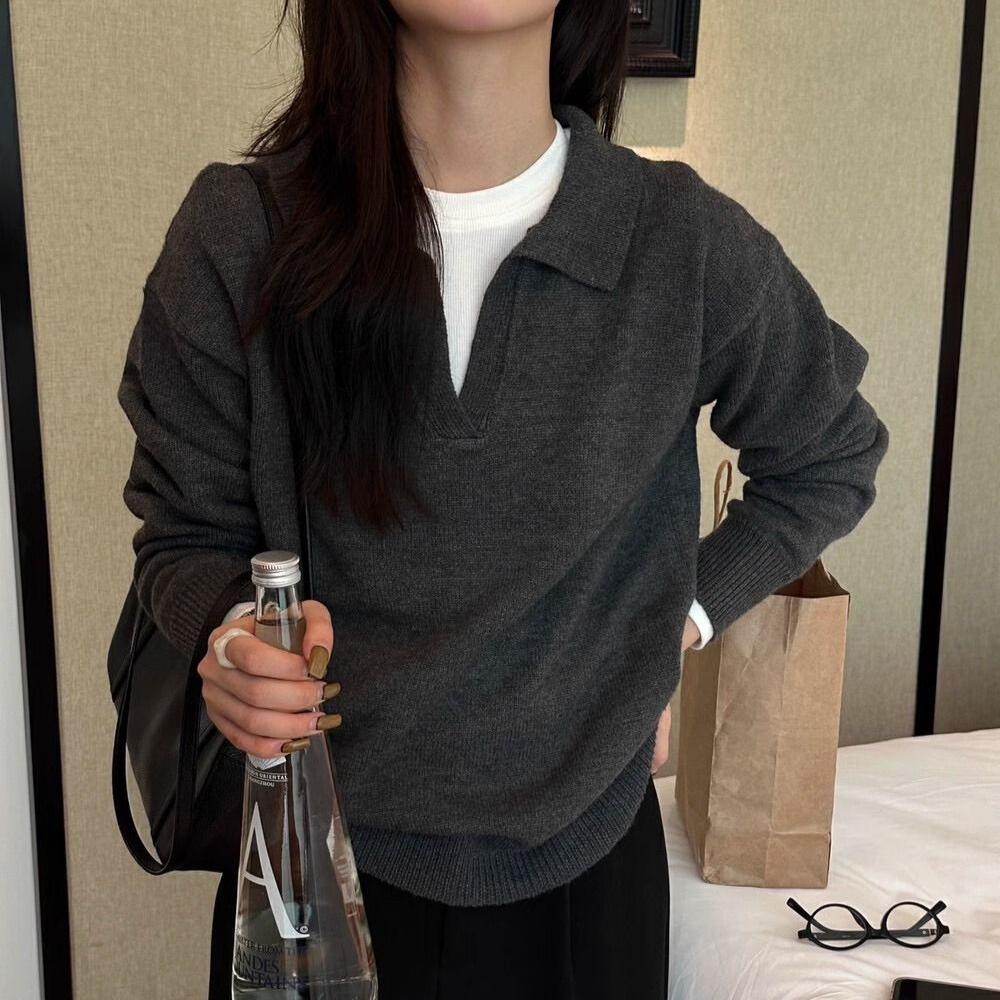 V-neck Sweater Loose and Laid-back Style Knitted Polo Shirt for Women In Autumn and Winter Long-sleeved Casual Pullover Warm Top