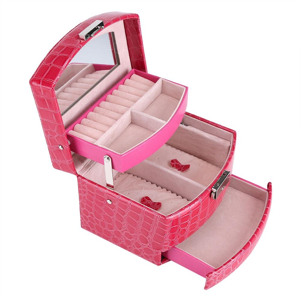 Portable Jewelry Box Storage Multi Layer Organizer Case Ring Earring Necklace Mirror (Rose Red)