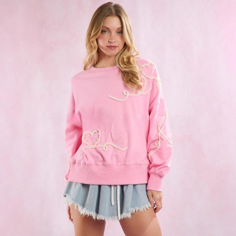 Осенние женские толстовки с длинным рукавом и узором в виде сердца, повседневные толстовки с вышитыми жемчугами, женские модные свободные зимние толстовки 25890 XXL розовый