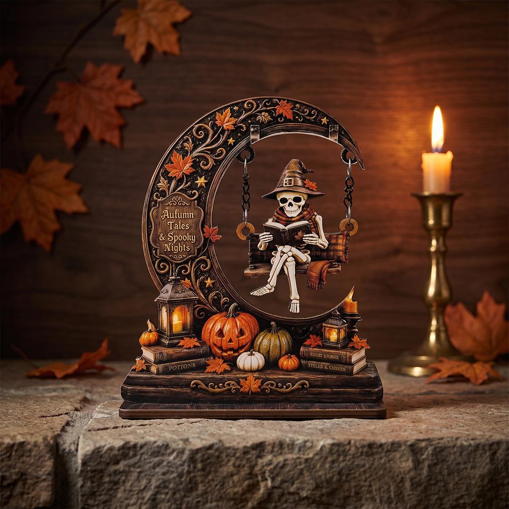 Halloween Moon Ghost Skull Swing Doll Reading Book Wooden Display Piece Bookcase Shelf Atmosphere Decoration