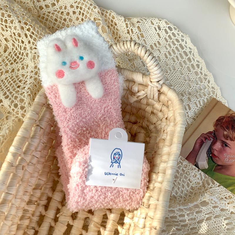 Women Winter Warm Fluffy Socks Cute Animal Frog Rabbit Dog Panda Socks Female Thick Coral Fleece Home Floor Sleep Socks