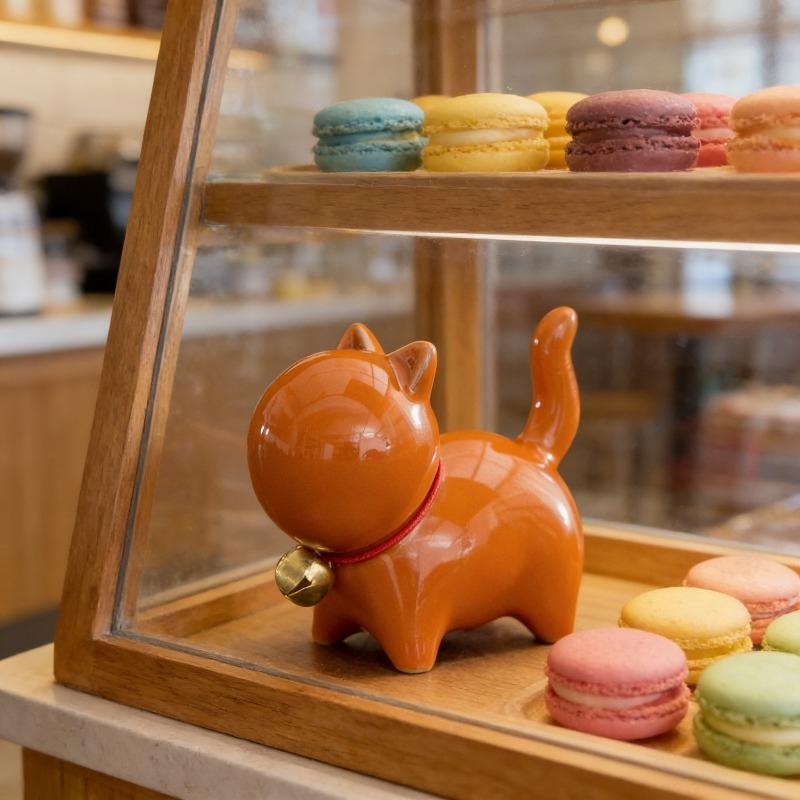 Cute Bell Cat Tea Pet Ceramic Figurine Lid Rest Brush Holder Creative Decor For Tea Table Desk Display