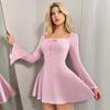 Women's Square Neck Long Sleeve Mini Dress Slim High Waist Elegant Ribbed Knit A-Line Dress Bow Front Casual Flare Sleeve Dress 2025 Fall Outfit