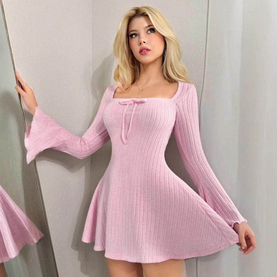 Women's Square Neck Long Sleeve Mini Dress Slim High Waist Elegant Ribbed Knit A-Line Dress Bow Front Casual Flare Sleeve Dress 2025 Fall Outfit