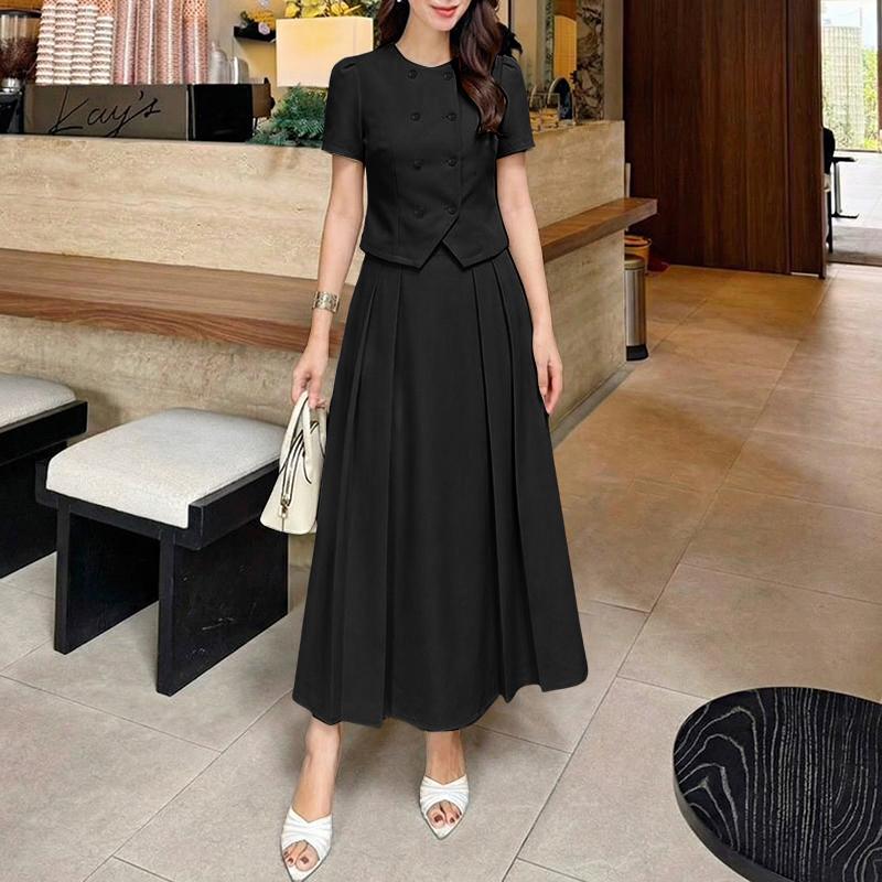 ZANZEA Blusa a Maniche Corte da Donna e Gonne Lunghe Casual Set Completi Due Pezzi