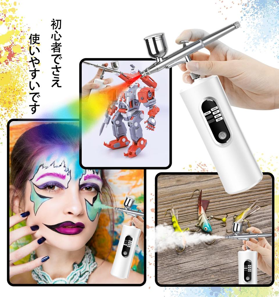Fascinated Rechargeable Airbrush with Battery Level Visualizer, Dual Action, Three Adjustable Pressure Modes (High, Medium, Low), 0.3mm Diameter, for