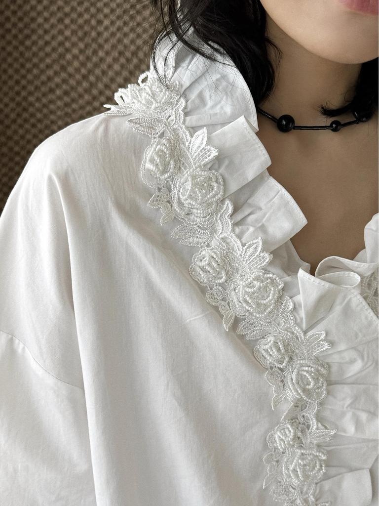 Spring Arrival Women's Beaded Rose Lace Patchwork Shirt