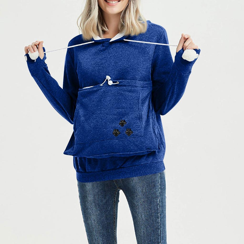 Women's Fashion Casual Top Solid Color Long Sleeve Pet Pocket Hoodie Sweatshirt
