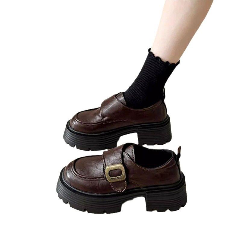 Platform women's autumn new retro round head thick heel small leather shoes Velcro high heel muffin single shoes