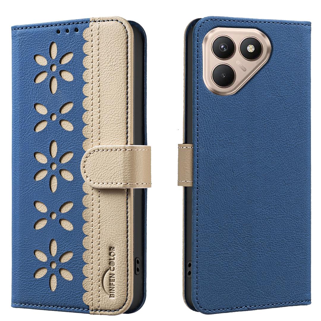 

Для TECNO Pova 7 4G Кожаный чехол BINFEN COLOR BF36 Цветочный узор Чехол для телефона Кошелек с RFID-блокировкой Подставка Dark Blue