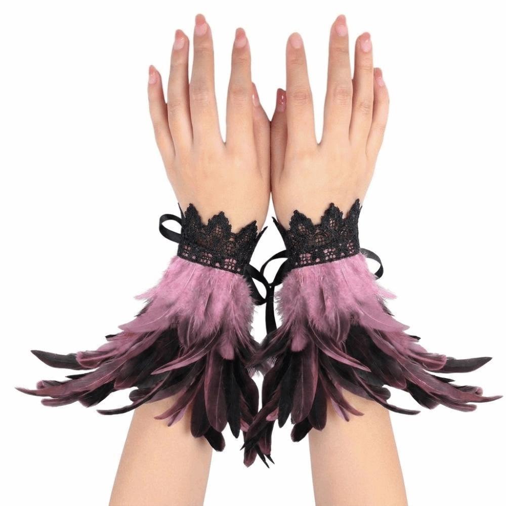 Black Halloween Arm Cuff Gloves Lace Wristband Vintage Plume Bracelet Costume Prop