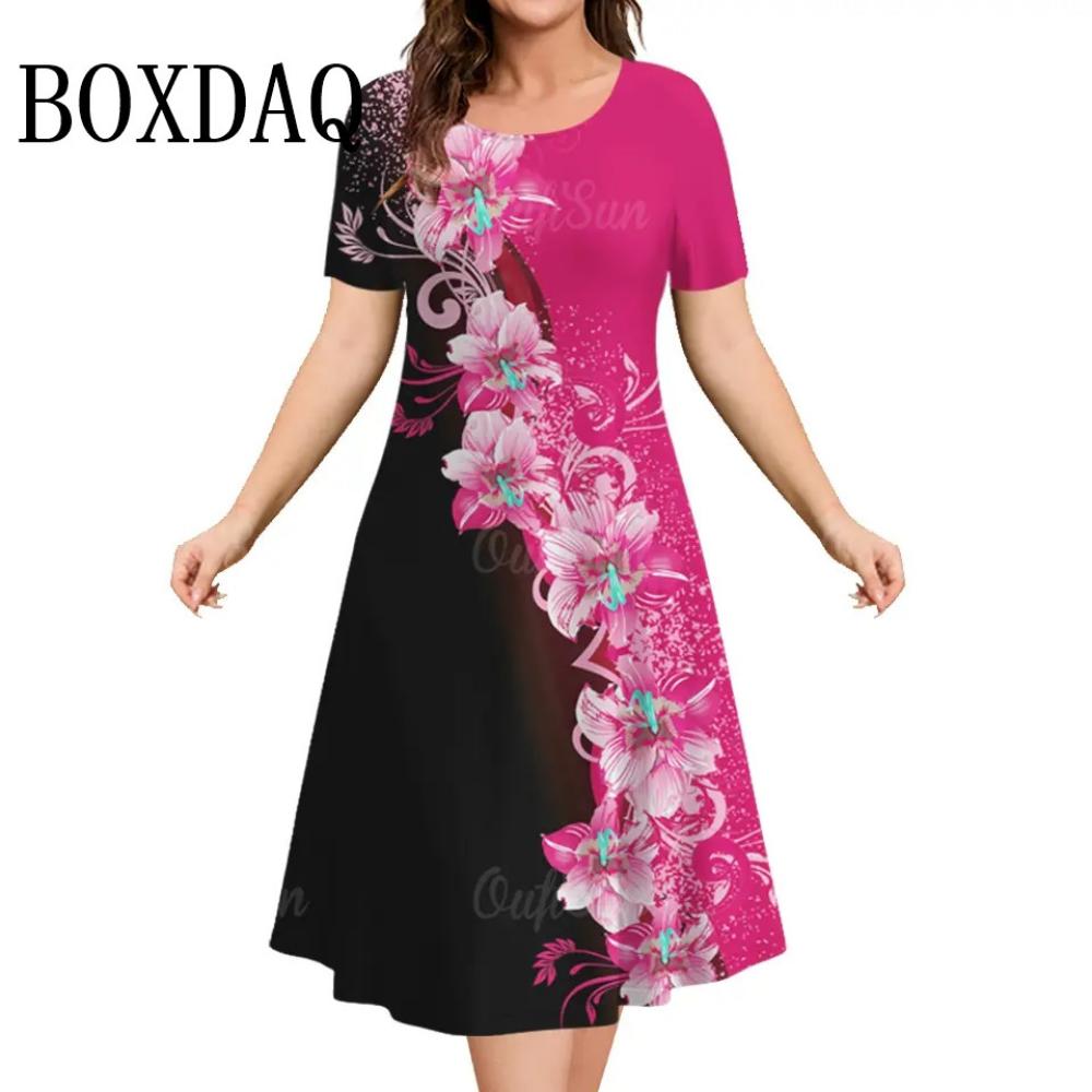 Sommer Damenkleider 3D Kunstblumen Aufdruck Kurzarm Kleidung Elegantes Lockeres A-Linienkleid Mode Damen Übergröße Kleid