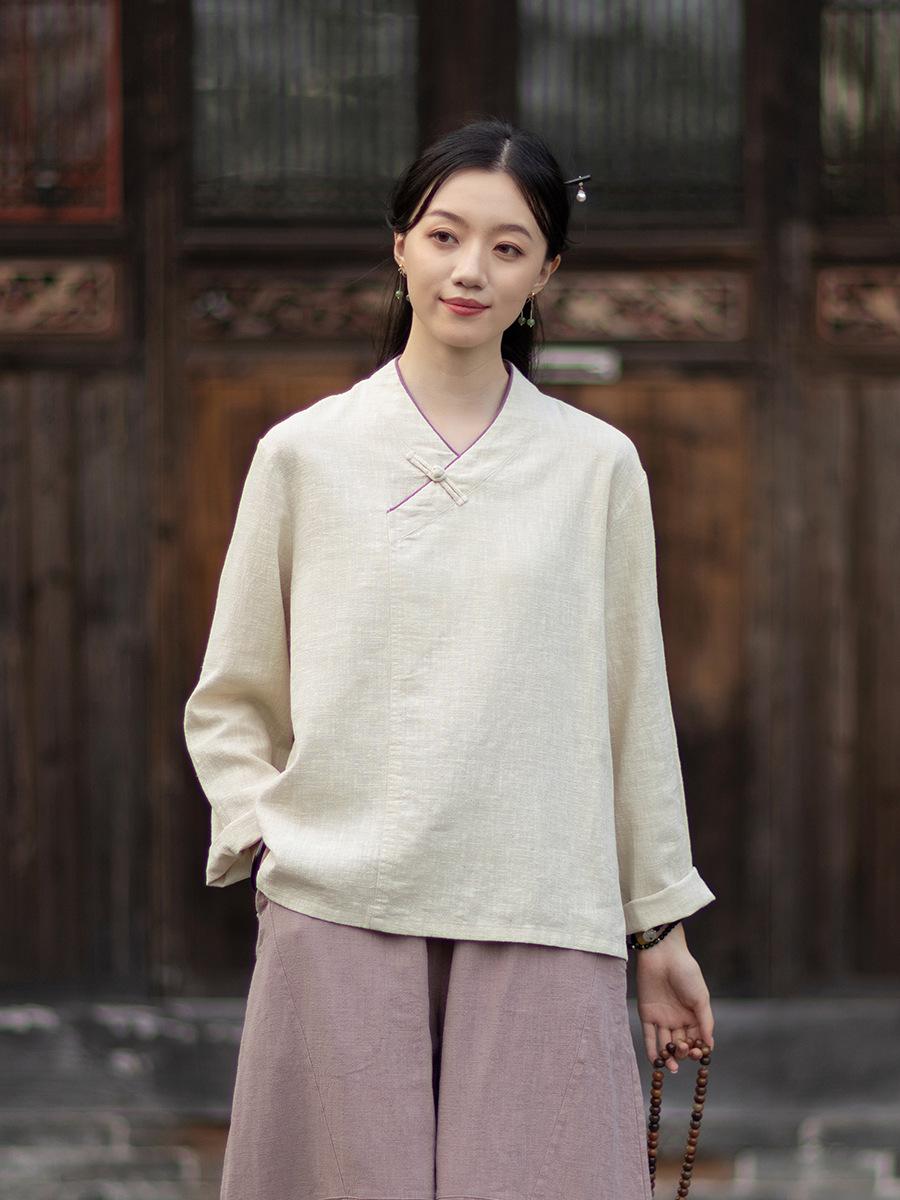 2026 Spring Retro V-neck Cotton Linen Chinese Style Women s Slimming Top with Frog Buttons One Size