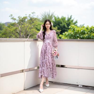 Plus Size Women's New V Neck Floral A Word Waist Slimming Mid Length Dress